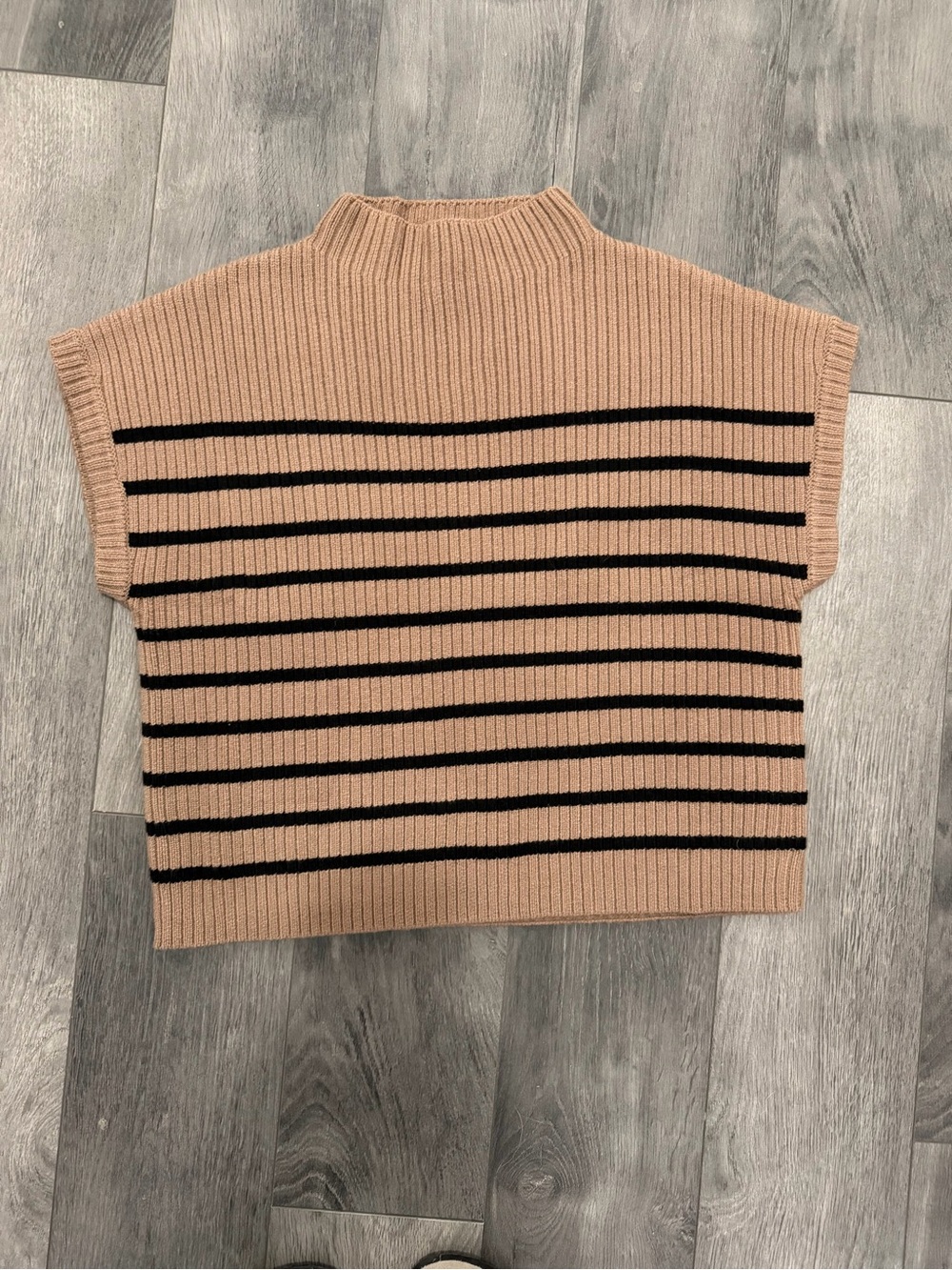 Blu Pepper Beige Ribbed Mock Neck Sleeveless Top with Black Stripes